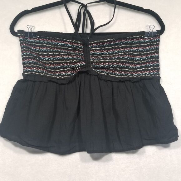American Eagle Medium Smocked Peplum Hem Bandeau Crop Tube Top Black Multicolor - Picture 1 of 11